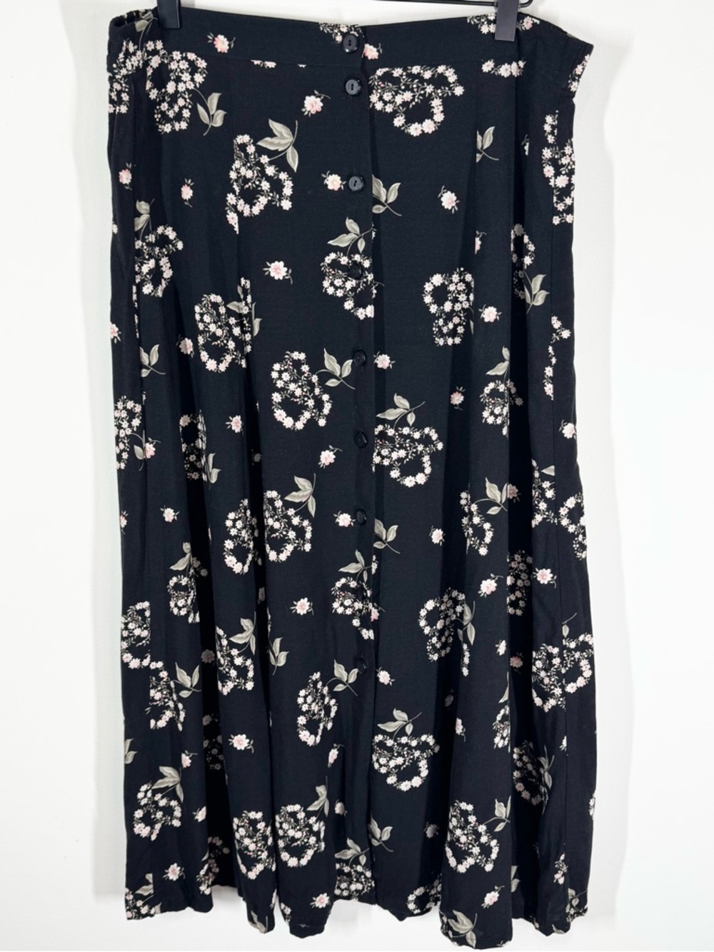 Vintage 90s Black Floral Button Down Midi Skirt Size M Dainty Romantic Feminine